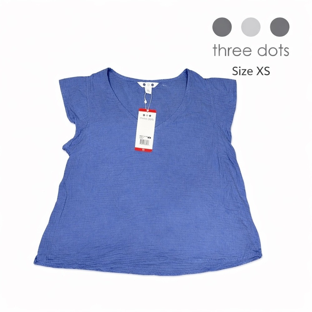 Three Dots Periwinkle Blue Cotton Gauze V-Neck Flutter Sleeve Top ALT5092S XS